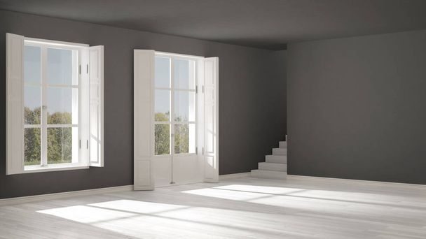 Leerer Raum mit Fenstern und Treppen, minimalistischer skandinavischer Inte - Foto, Bild