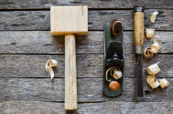 Carpentry tools on an old board table - Photo, image