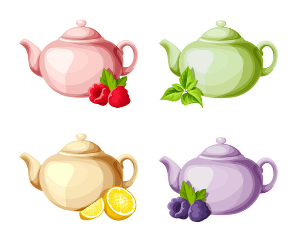 Porcelain teapots with fruits and berries. Vector illustration. - Вектор, зображення