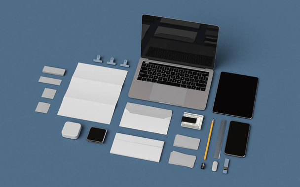 Stationery & Branding Mockup . Office supplies, Gadgets. 3D illustration - Foto, imagen
