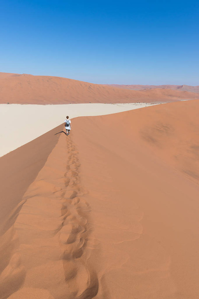 Tourist walking on the scenic dunes of Sossusvlei, Namib desert, Namib Naukluft National Park, Namibia. Afternoon light. Adventure and exploration in Africa. - Photo, Image