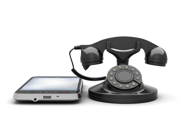 Retro rotary phone and modern cell phone on white background - Foto, afbeelding