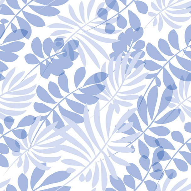 Tender pale blue and green tropical leaves seamless pattern. Dec - Вектор,изображение