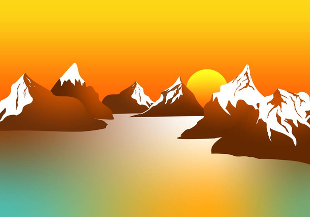 Morgenlandschaft mit Bergen und orangefarbenem Himmel bei Sonnenaufgang mit Sonne, die sich auf der Oberfläche des Sees spiegelt - Vektor, Bild