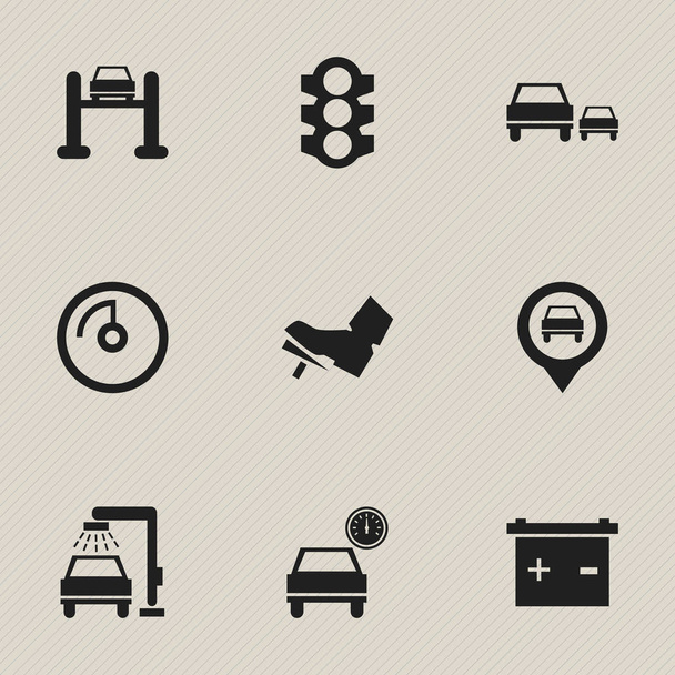 Set Of 9 Editable Transport Icons. Includes Symbols Such As Vehicle Wash, Race, Auto Service And More. Can Be Used For Web, Mobile, UI And Infographic Design. - Διάνυσμα, εικόνα
