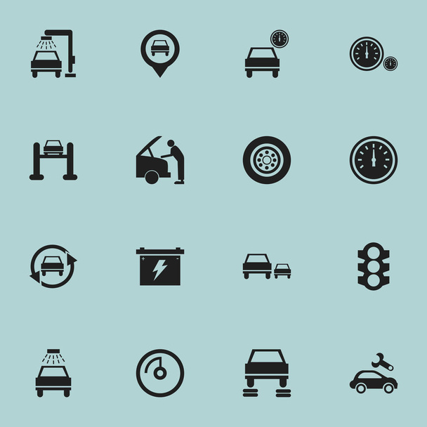 Conjunto de 16 iconos de tráfico editables. Incluye símbolos tales como servicio automático, batería, neumático y más. Puede ser utilizado para el diseño de la tela, móvil, interfaz de usuario e infografía
. - Vector, Imagen