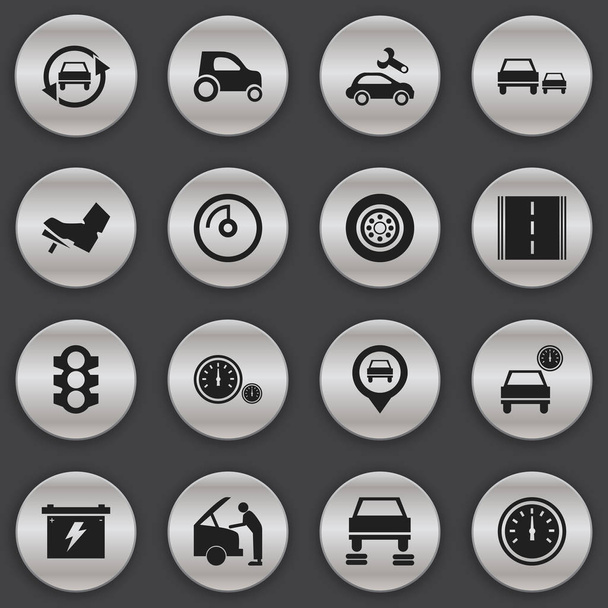 Satz von 16 editierbaren Verkehrssymbolen. beinhaltet Symbole wie Batterie, Tacho, Geschwindigkeitsanzeige und mehr. kann für Web-, Mobil-, UI- und Infografik-Design verwendet werden. - Vektor, Bild