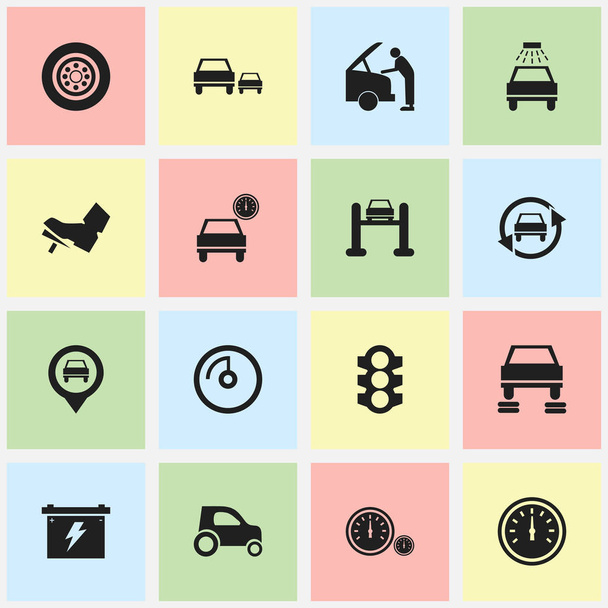 Joukko 16 Muokattavissa liikenteen kuvakkeet. Sisältää symbolit kuten Race, Nopeudensäätö, Automaattinen korjaus ja enemmän. Voidaan käyttää Web, Mobile, UI ja Infographic Design
. - Vektori, kuva