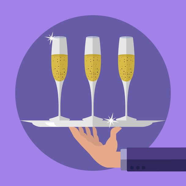 Camarero sosteniendo una bandeja de servir con copas de flauta de champán vector ilustración
 - Vector, Imagen
