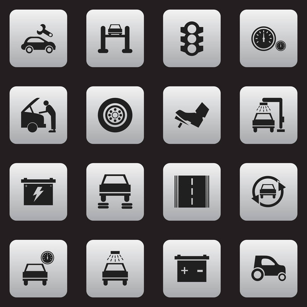 Conjunto de 16 ícones de transporte editáveis. Inclui símbolos como acumulador, velocímetro, automóvel e muito mais. Pode ser usado para Web, Mobile, UI e design infográfico
. - Vetor, Imagem