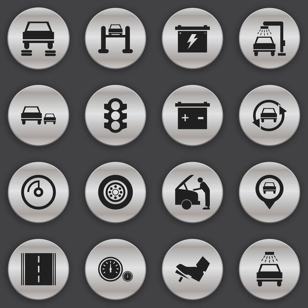Conjunto de 16 ícones de transporte editáveis. Inclui símbolos como Stoplight, Tuning Auto, reparação de automóveis e muito mais. Pode ser usado para Web, Mobile, UI e design infográfico
. - Vetor, Imagem