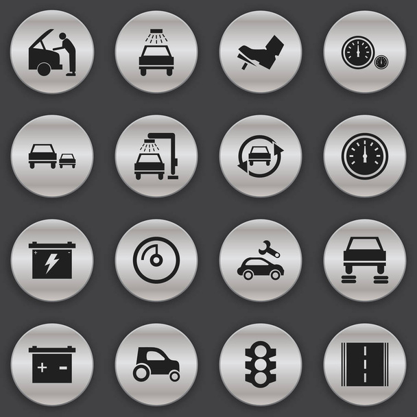 編集可能な車両の 16 のアイコンのセットです。自動車修理、自動車修理、スピード メーター、詳細などの記号が含まれています。ウェブ、モバイル、Ui とインフォ グラフィック デザインに使用することができます。. - ベクター画像