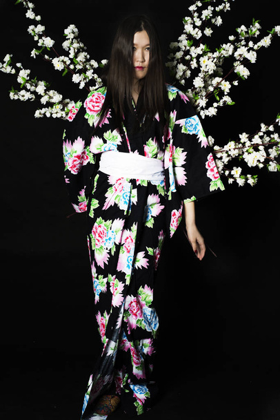 Japanese girl in traditional Japanese kimono, holds sprigs of ch - Photo, image