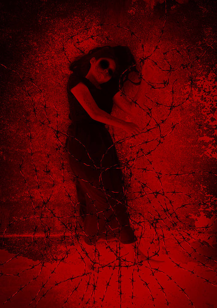 Ghost woman with barbed wire,Scary background for book cover - Foto, Bild