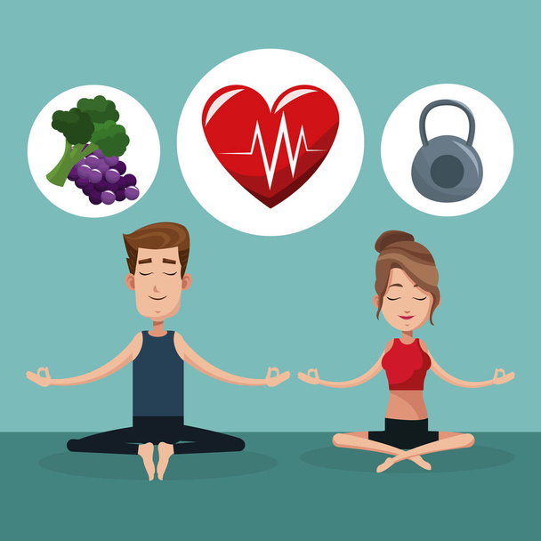 pareja yoga ejercicio comida saludable
 - Vector, imagen