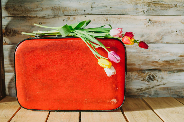 Tulpen im roten Koffer. hölzerner Hintergrund - Foto, Bild