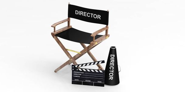 Film rendező szék és csappantyú fehér háttér. 3D-s illusztráció - Fotó, kép