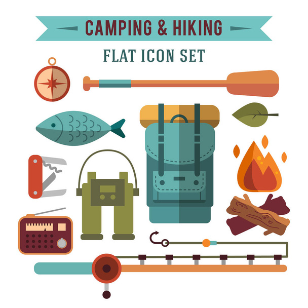 Camping flat set with hiking equipment vector icons set - Vektor, Bild
