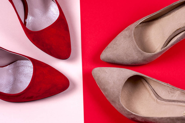 Red and pastel female high-heeled shoes - Φωτογραφία, εικόνα