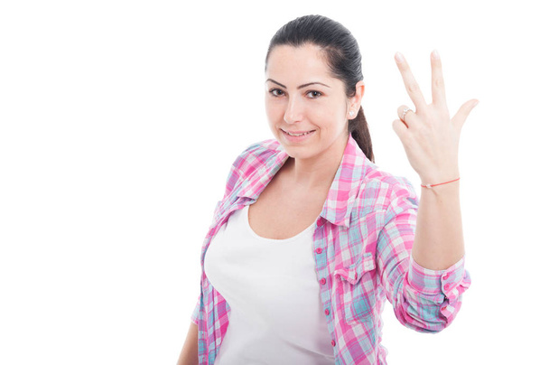 Obraz z kaukaski kobieta pokazano trzy palce - Zdjęcie, obraz
