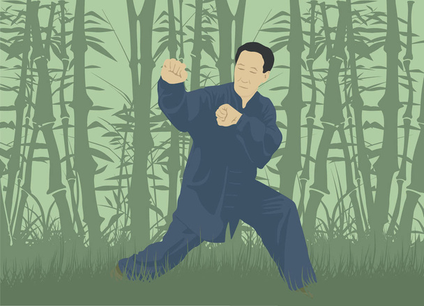 De man blijkt de techniek van Kung Fu, tegen de backg - Vector, afbeelding
