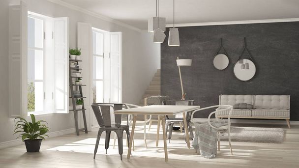 Scandinavian living room with big windows, minimalist white and  - Фото, изображение