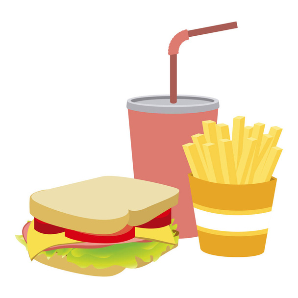 silhueta colorida com sanduíche com batatas fritas e refrigerante
 - Vetor, Imagem