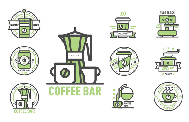 Coffee badge logo food design thin line lettering for restaurant, cafe menu coffee house and shop element beverage label sticker vector illustration. - Vettoriali, immagini