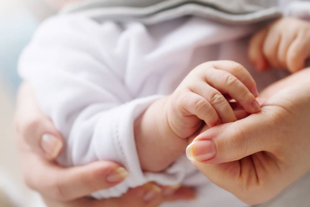 Small cute baby hand in mothers hand. Closeup. Concept of maternity - 写真・画像