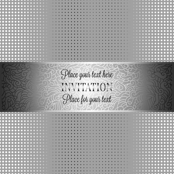 Baroque background with antique, luxury black and metal silver frame, template banner, halftone dot decoration, perfect for invitation or greeting card, stylish and contemporary design - Vector, Image