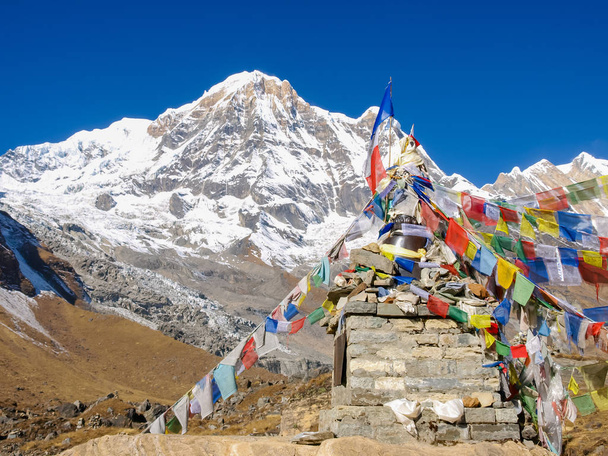 Маленька стопа і молитовні прапори на фоні вершини гори
 - Фото, зображення