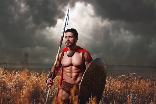 Muscular medieval warrior standing in the field - Fotoğraf, Görsel