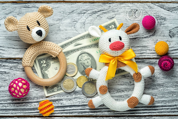 concept of starting forex traiding. small amount of money euro coins and us dollar banknotes and rattle knitted homemade toys for toddlers bulls and bears. education in foreign exchange trade. - Photo, Image