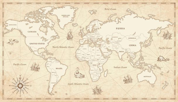 Vintage Illustrated World Map - Vector, Image