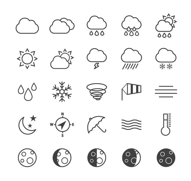 Set of Quality Isolated Universal Standard Minimal Simple Weather Black Thin Line Icons on White Background - Vecteur, image