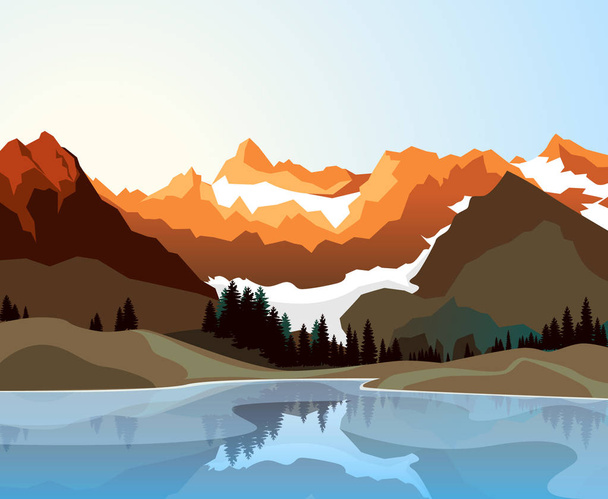 山と川と空と風景のフラット スタイルの図 - ベクター画像