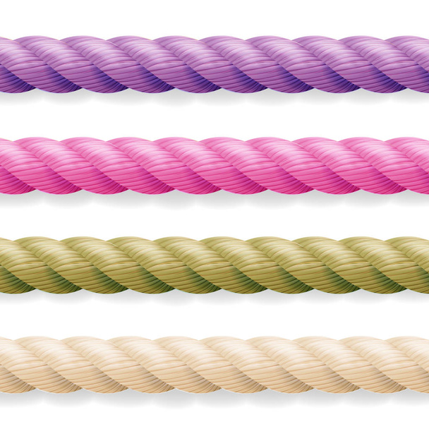 Vetor de corda realista. Diferente cor espessura 3d corda linha conjunto multicolorido torcido corda náutica. Isolado em fundo branco. Bom para fronteiras ou molduras
 - Vetor, Imagem