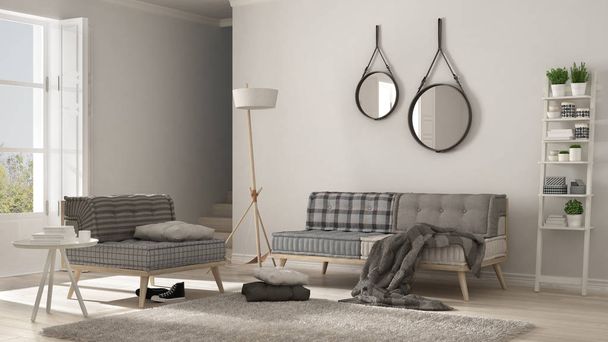 Σκανδιναβική σαλόνι με καναπέ, πολυθρόνα και μαλακή γούνα κουβέρτα,  - Φωτογραφία, εικόνα