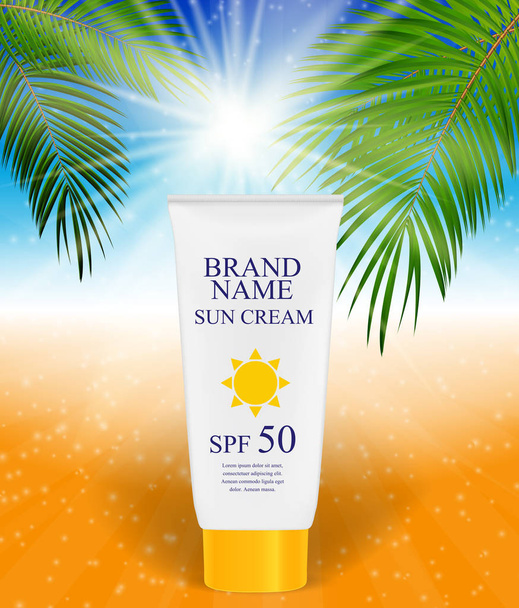 Botella de crema para el cuidado del sol, plantilla de tubo para anuncios o revistas Backgro
 - Vector, Imagen
