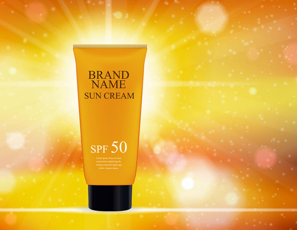 Sun Care Cream Bottle, Tube Template for Ads or Magazine Background. 3D Realistic Vector Iillustration - Vector, Image