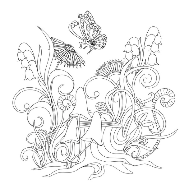 flowers, stump with roots and butterfly - Vector, Image