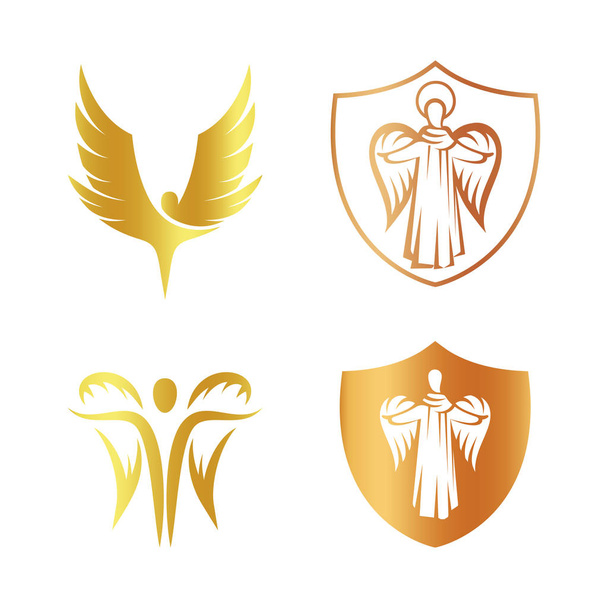 Ізольований логотип золотого кольору ангел силует, щит з колекцією логотипів релігійних елементів, герб з архангелом Векторні ілюстрації на білому
. - Вектор, зображення