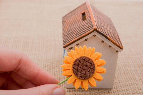 Hand met nep bloem door een model-huis  - Foto, afbeelding