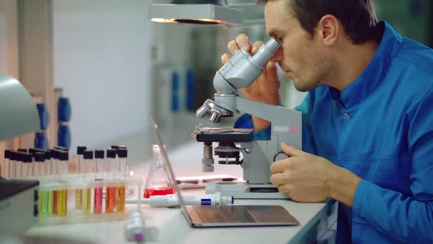 Scientist using microscope in laboratory. Medical laboratory research - Imágenes, Vídeo