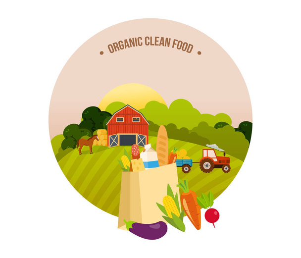 Organic clean food, farm and farmland, the village with gardens. - Vettoriali, immagini