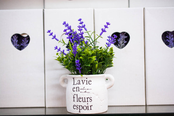 Pots de fleurs avec de belles fausses fleurs dedans
 - Photo, image