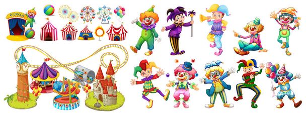 Circus clowns and many rides - Vector, Image