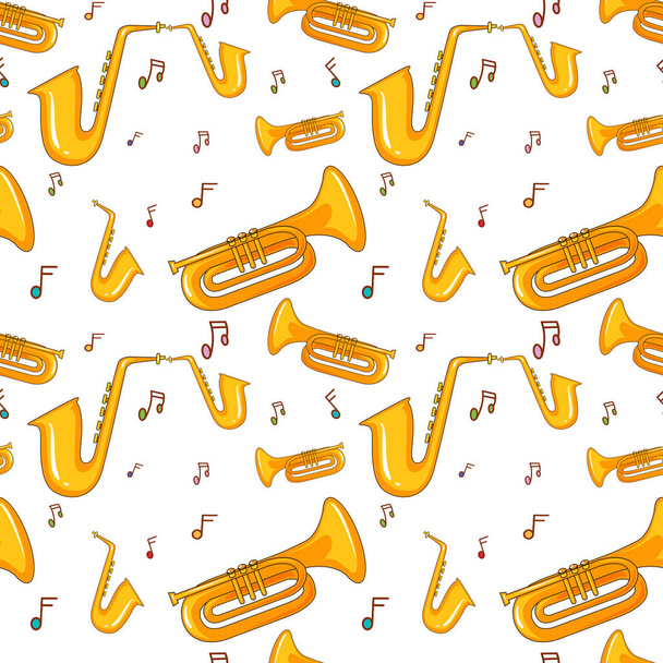 Fondo sin costuras con saxofón y notas musicales
 - Vector, Imagen