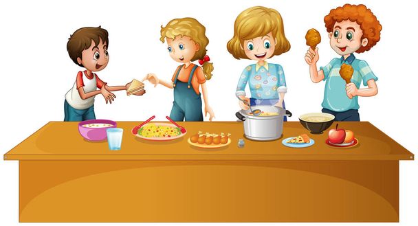 テーブルの上の食事を持っている家族 - ベクター画像