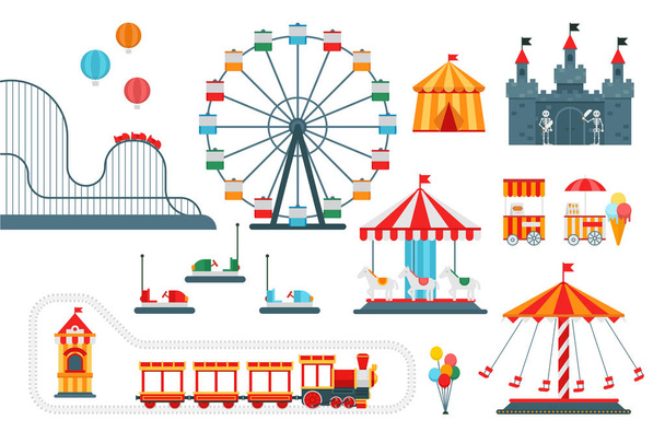 Amusement park vector flat elements isolated on white background - Vector, Image